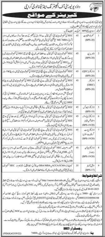 Dawood University of Engineering & Technology Karachi Jobs – Dawood University of Engineering and Technology Karachi Jobs 2023 — original advertisement