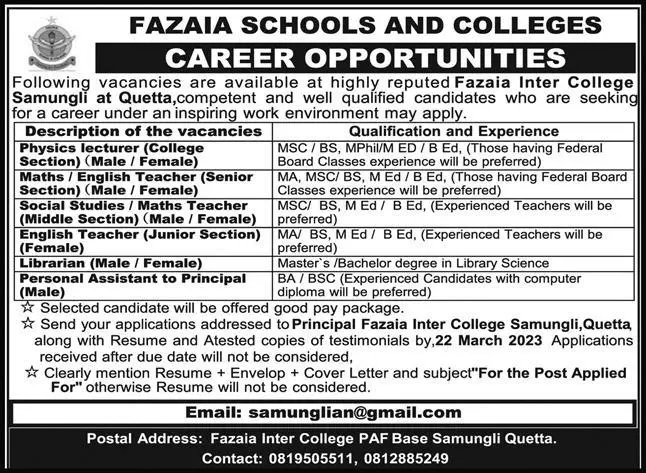 Fazaia Inter College Quetta Jobs 2023 – Fazaia Schools & Colleges Jobs 2023 — original advertisement