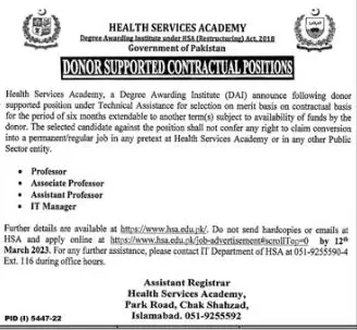 Health Services Academy Islamabad Jobs 2023 Jobs 2023 — original advertisement