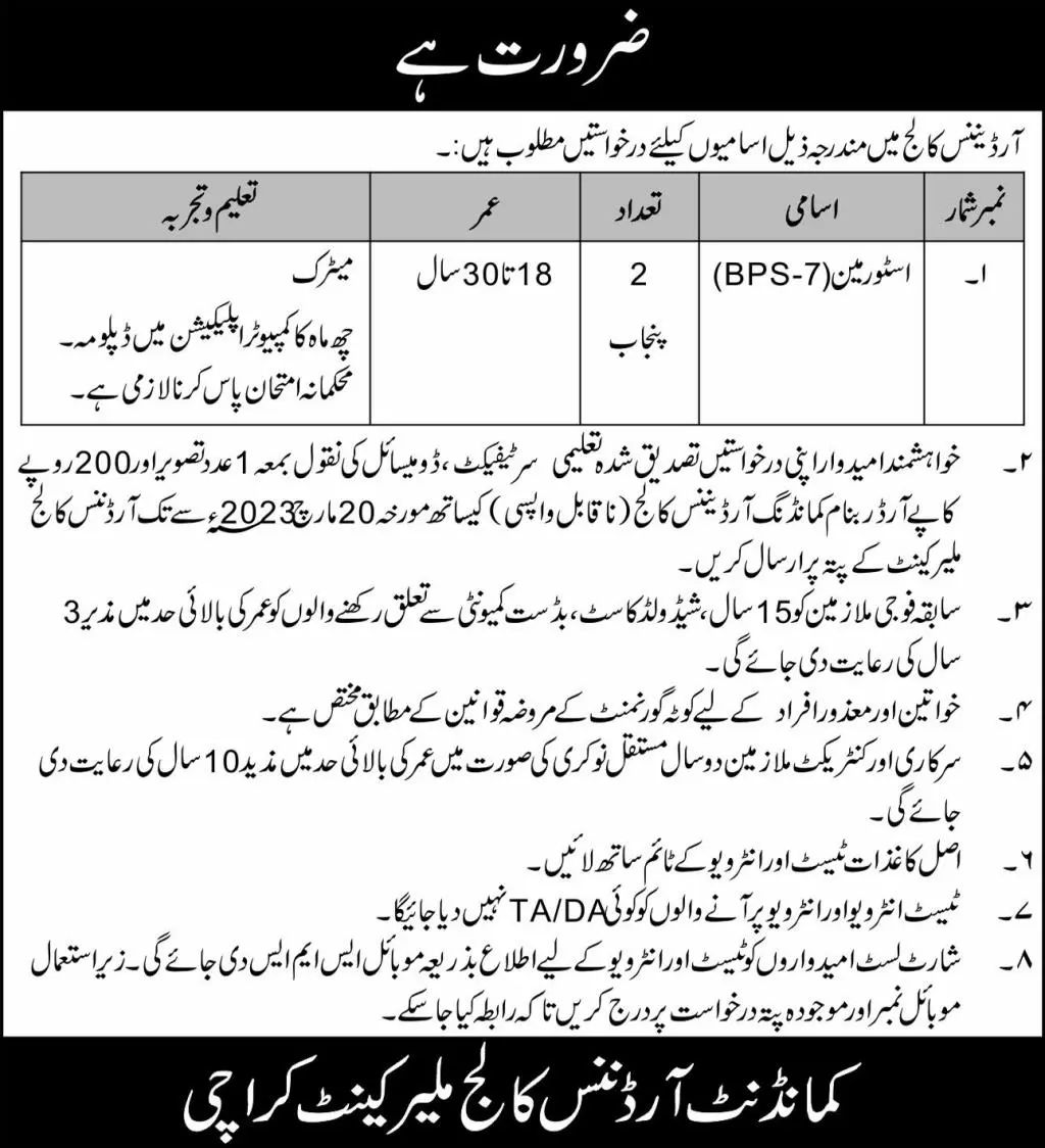 Ordance College Malir Cantt Jobs 2023 – Pakistan Army Jobs 2023 — original advertisement