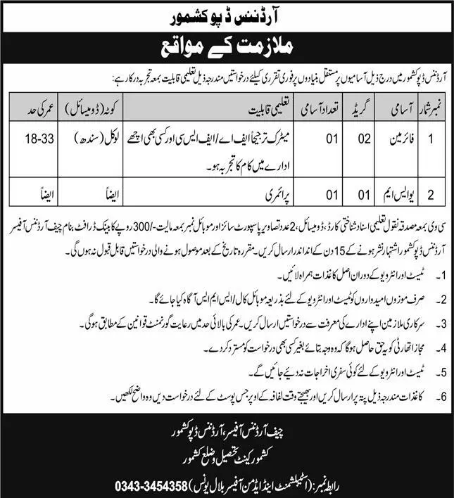 Pakistan Army Ordnance Depot Kashmore Jobs 2023 Jobs 2023 — original advertisement