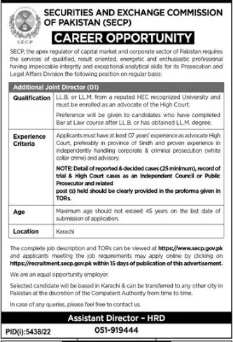 Securities and Exchange Commission of Pakistan SECP Jobs – Securities & Exchange Commission of Pakistan Jobs 2023 — original advertisement