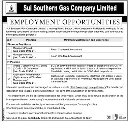 Sui Southern Gas Company SSGC Jobs 2023 – Sui Southern Gas Company Limited Jobs 2023 — original advertisement