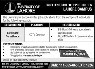 University of Lahore Jobs 2023 Jobs 2023 — original advertisement