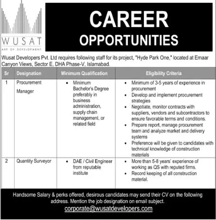 WUSAT Development PVT LTD Jobs 2023 – Private Company Jobs 2023 — original advertisement