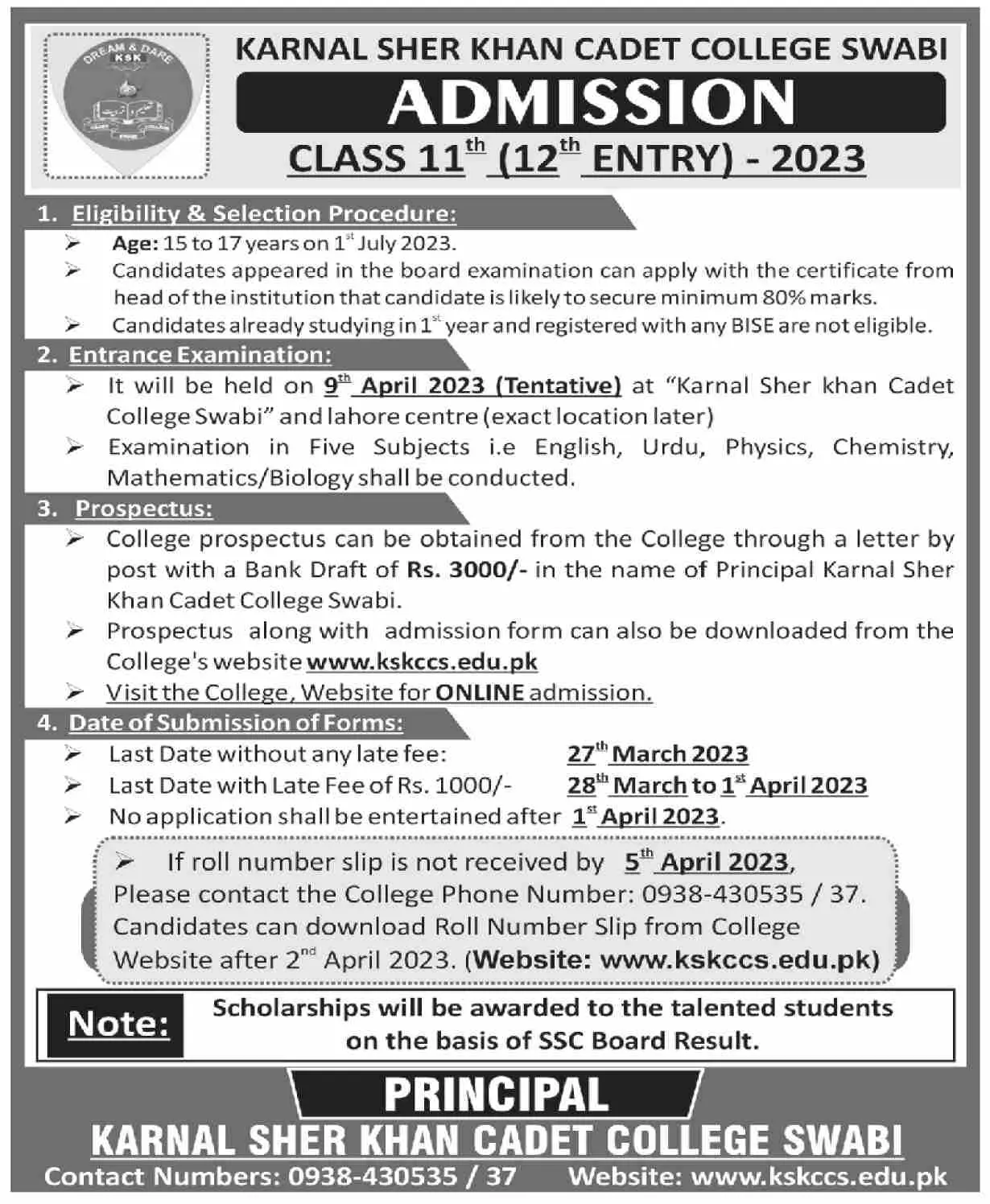 Karnal Sher Khan Cadet College Swabi Admissions 2023 Admissions 2023 — original advertisement