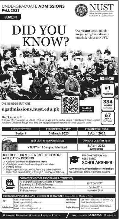NUST Undergraduate Admissions Fall 2023 – National University of Science & Technology Islamabad Admissions 2023 — original advertisement