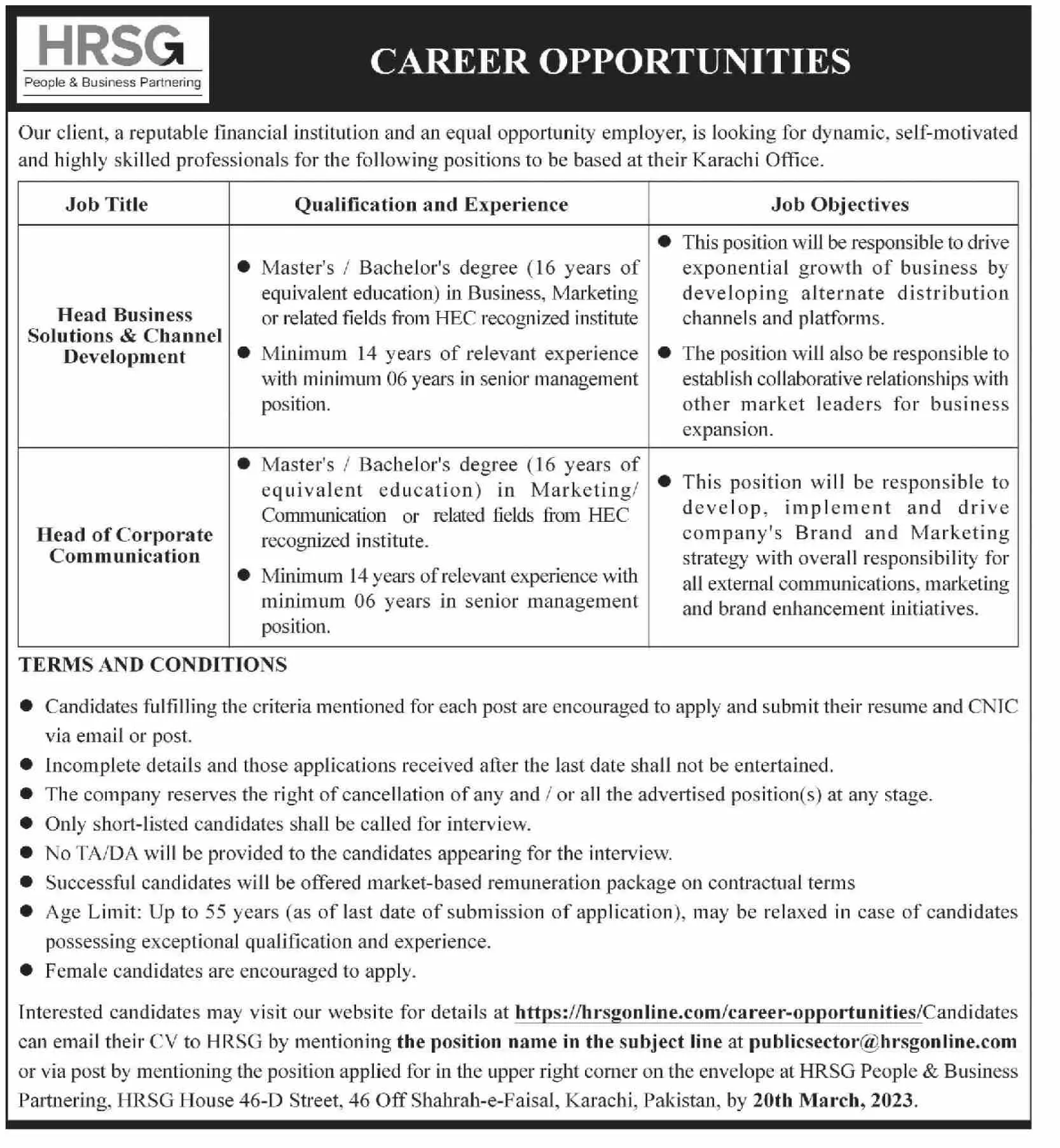 HRSG People and Business karachi Jobs 2023 Jobs 2023 — original advertisement