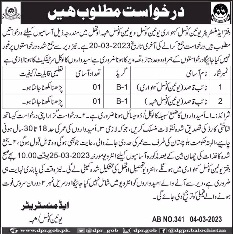 Union Council Office Uthal tehsil District Lasbella Jobs – Govt of Balochistan Jobs 2023 — original advertisement