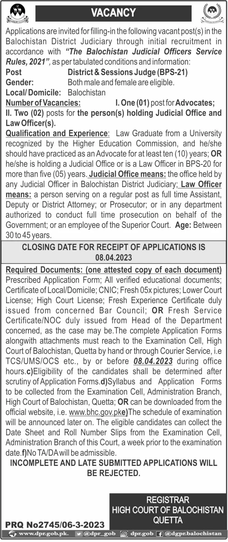 High Court of Balochistan Quetta Jobs 2023 – Balochistan High Court Jobs 2023 — original advertisement