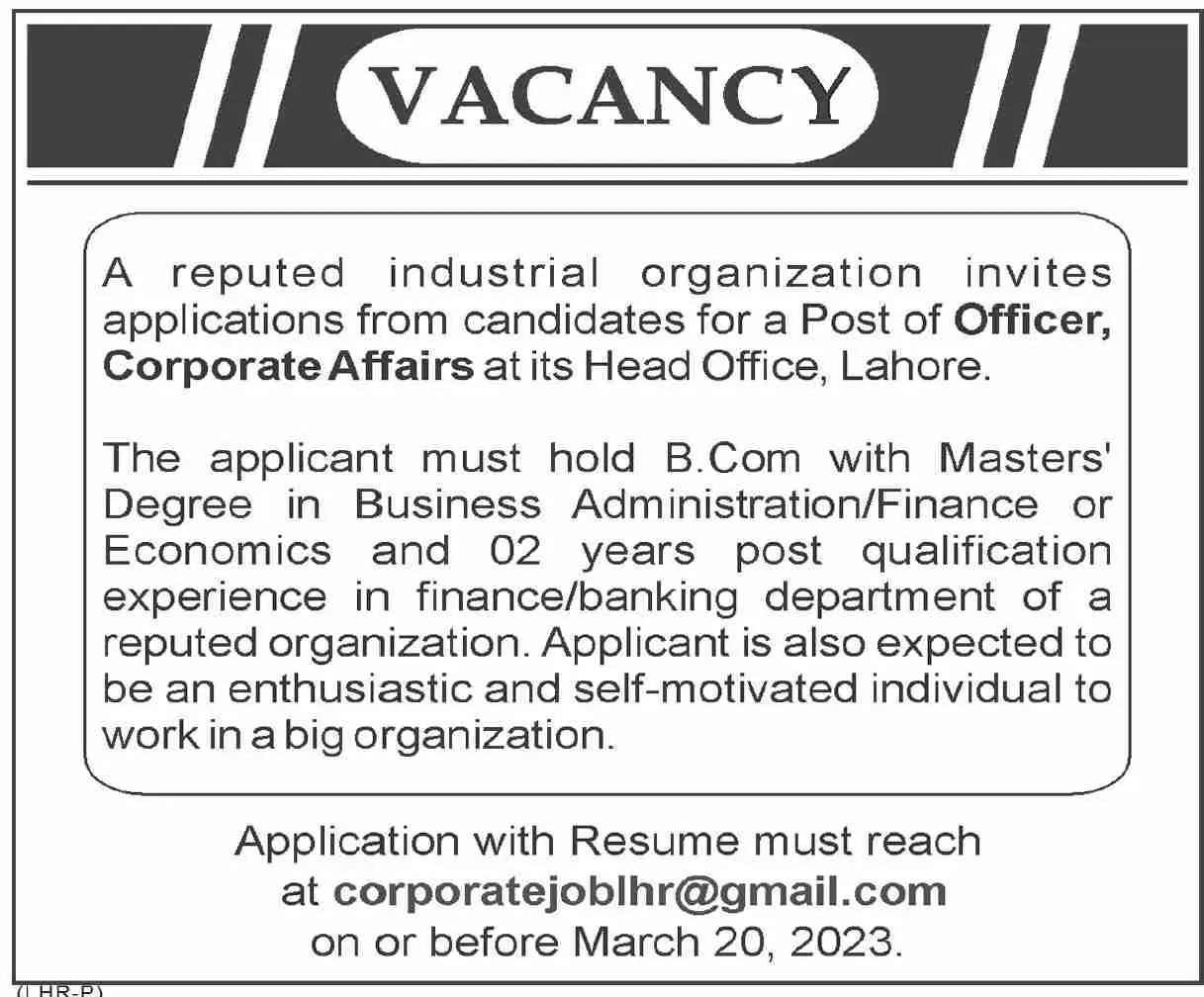 Reputed Industrial Organization Lahore Jobs 2023 – Public Sector Organization Jobs 2023 — original advertisement