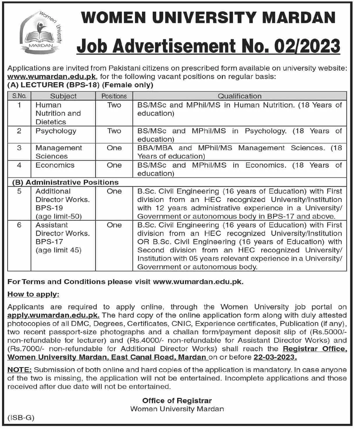 Women University Mardan Khyber Pakhtunkhwa Jobs 2023 – Women University Mardan Kpk Jobs 2023 — original advertisement