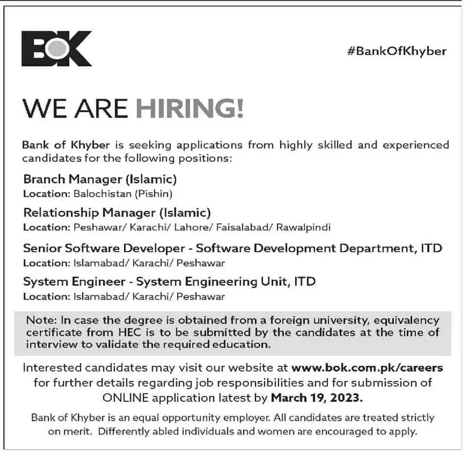 Bank of khyber Bok Jobs 2023 Jobs 2023 — original advertisement