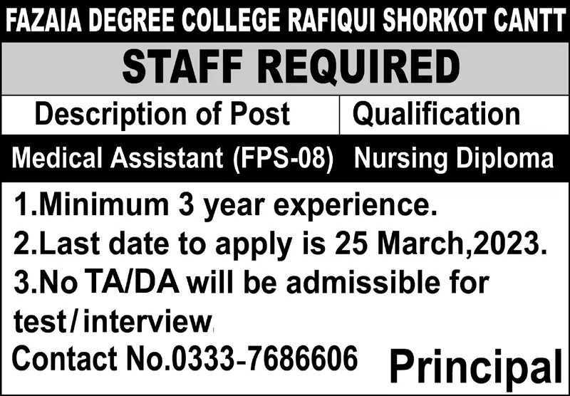 fazaia degree college Rafiqui Sharkot Cantt Jobs 2023 – Fazaia Schools & Colleges Jobs 2023 — original advertisement