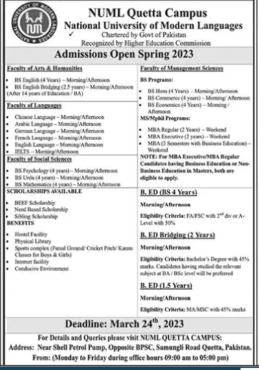 NUML Quetta Campus Admissions Spring 2023 – National University of Modern Languages Islamabad Admissions 2023 — original advertisement
