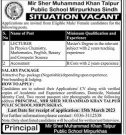 Mir Sher Muhammad Khan Talpur Public School Sindh Jobs 2023 Jobs 2023 — original advertisement