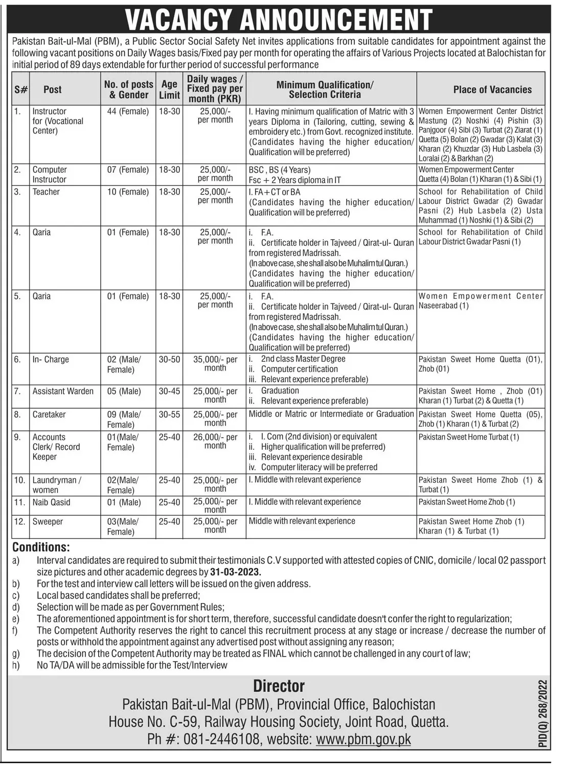 Paksitan Bait-ul-Mal PBM Jobs 2023 – Pakistan Bait-ul-Mal Jobs 2023 — original advertisement