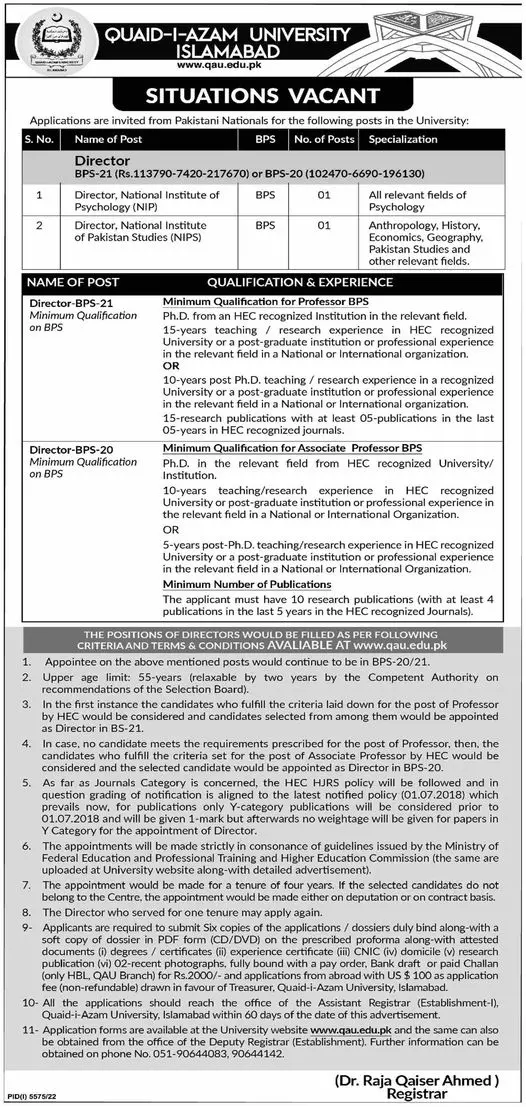 Quaid-i-Azam University Islamabad Jobs 2023 – Quaid-i-Azam University, Islamabad , Pakistan Jobs 2023 — original advertisement