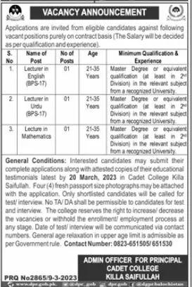 Cadet College Killa Saifullah Jobs 2023 – Cadet College Killasaifullah Balochsitan Jobs 2023 — original advertisement