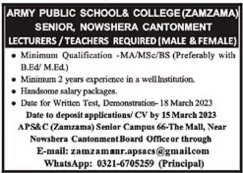 Army Public School & College Zamzama Jobs 2023 – Army Public School & College Paksitan Jobs 2023 — original advertisement