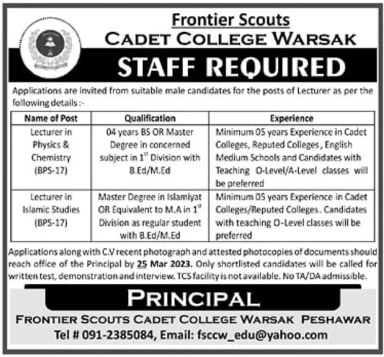 Cadet College Warsak Peshawar Jobs 2023 Jobs 2023 — original advertisement