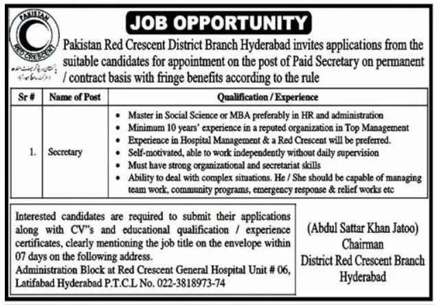 Pakistan Red Crescent District Branch Hyderabad Jobs 2023 – Pakistan Red Crescent Society Jobs 2023 — original advertisement