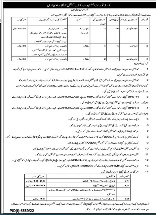 Armed Forces Institute of Mental Health Rawalpindi Jobs 2023 Jobs 2023 — original advertisement