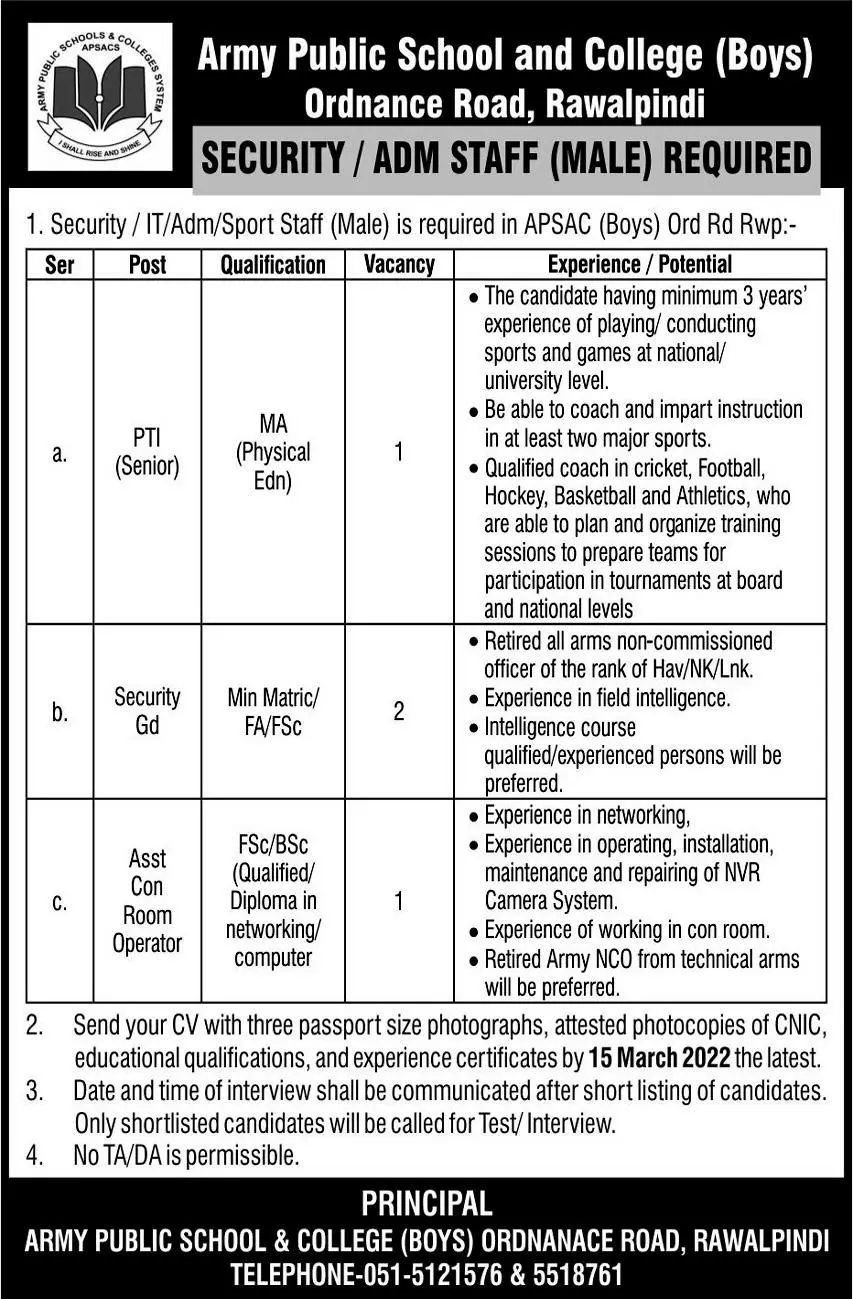Army Public School and College Boys Rawalpindi Jobs 2023 – Army Public School & College Paksitan Jobs 2023 — original advertisement