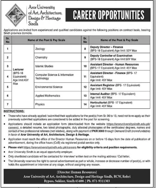 Aror University of Art Architecture Design & Heritage Jobs – Aror university of Art Architecture Design & Heritages Sukkur Jobs 2023 — original advertisement