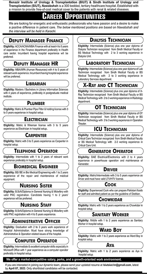 Benazir institute of urology & transplantation Jobs 2023 – benazir institute of urology & transplantation BUIT Jobs 2023 — original advertisement