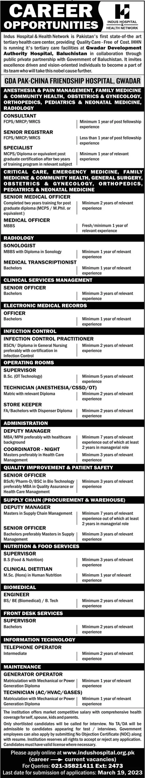 GDA Pak China Hospital Gwadar Jobs 2023 – Indus Health Network Karachi Jobs 2023 — original advertisement