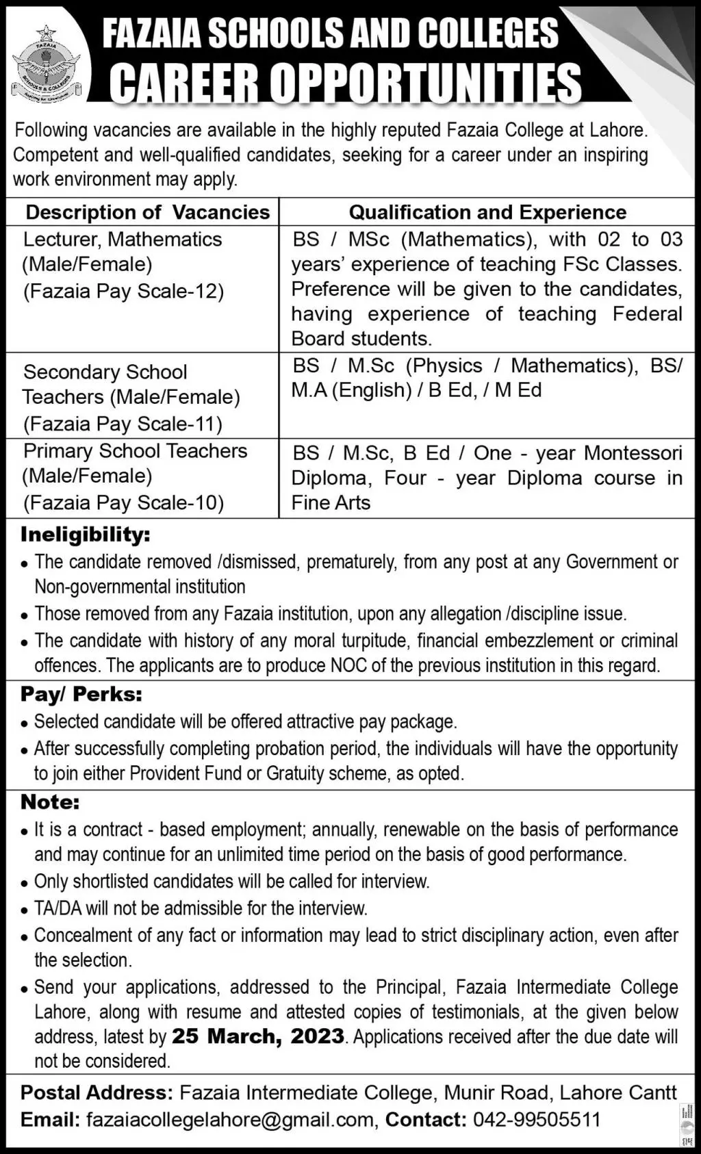 fazaia School and Colleges Lahore jobs 2023 – Fazaia Schools & Colleges Jobs 2023 — original advertisement