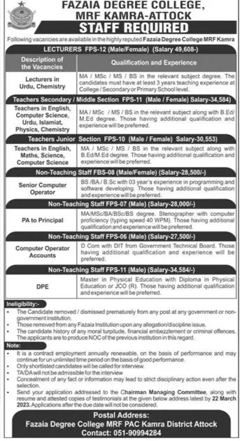 Fazaia Degree College MRF Kamra Attock Jobs 2023 – Fazaia Schools & Colleges Jobs 2023 — original advertisement
