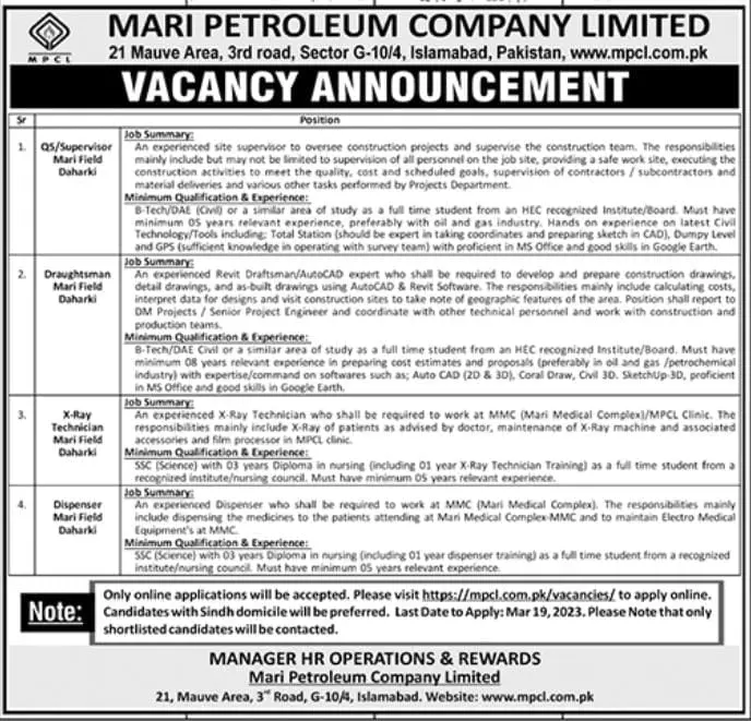 Mari Petroleum Company Limited Jobs 2023 – Private Company Jobs 2023 — original advertisement