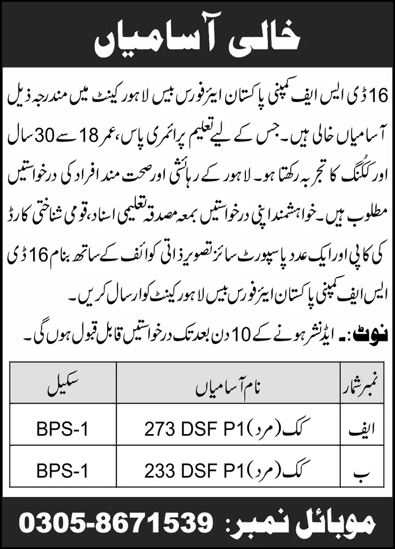 16 DSF Company Pakistan Air Force Base Lahore Cantt Jobs Jobs 2023 — original advertisement