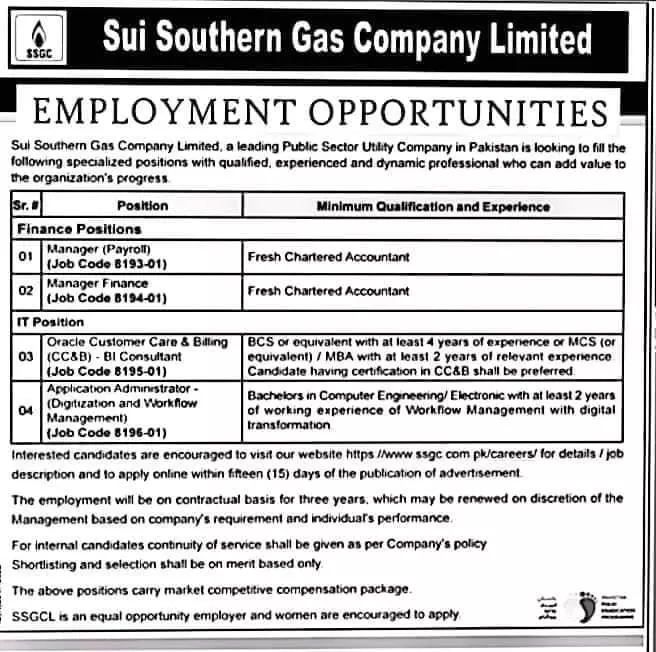 Sui Southern Gas Company Limited Jobs 2023 Jobs 2023 — original advertisement