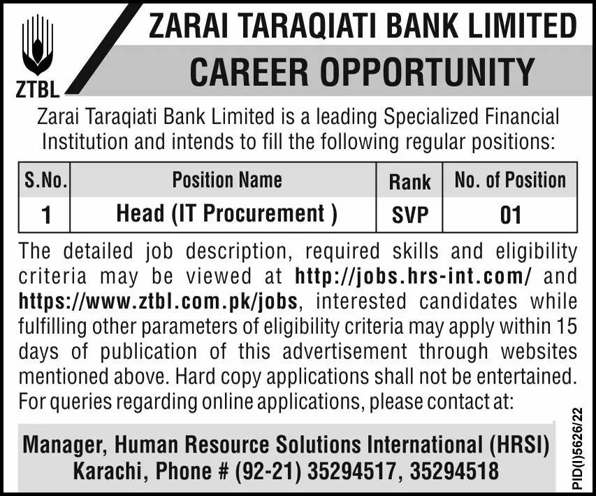 Zarai Taraqiati Bank Limited ZTBL Jobs 2023 Jobs 2023 — original advertisement