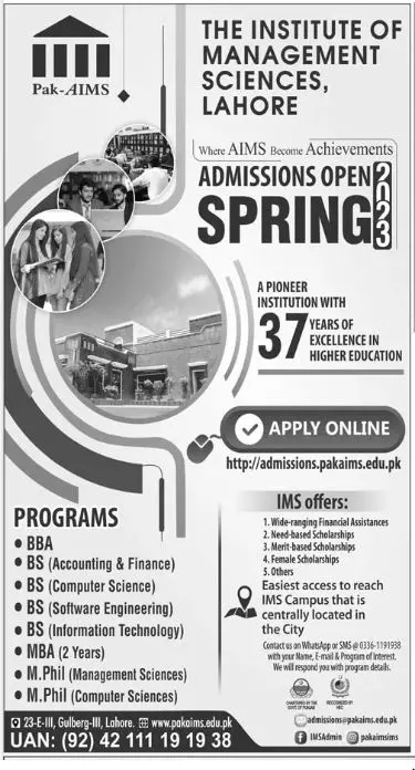 Institute of Management Sciences Lahore Admissions 2023 Admissions 2023 — original advertisement