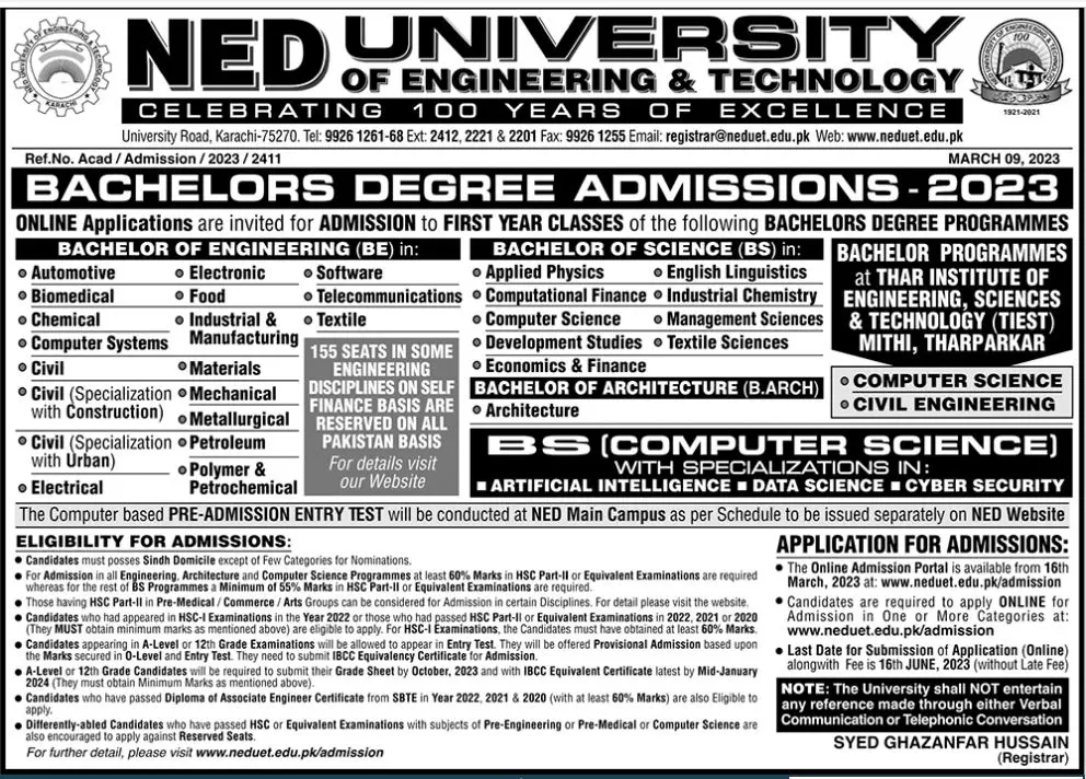 Ned University of Engineering & Technology Admissions 2023 – NED University of Engineering and Technology Admissions 2023 — original advertisement
