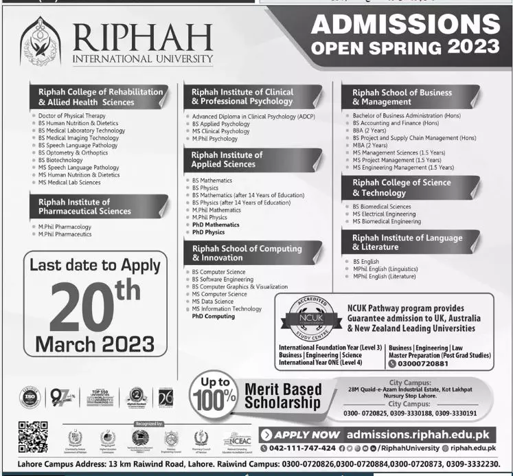 Riphah International University Admissions 2023 Admissions 2023 — original advertisement