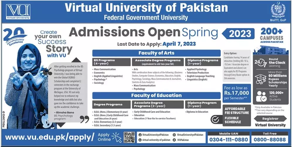 Virtual  University of Pakistan Spring Admissions 2023 – Virtual University of Pakistan Admissions 2023 — original advertisement