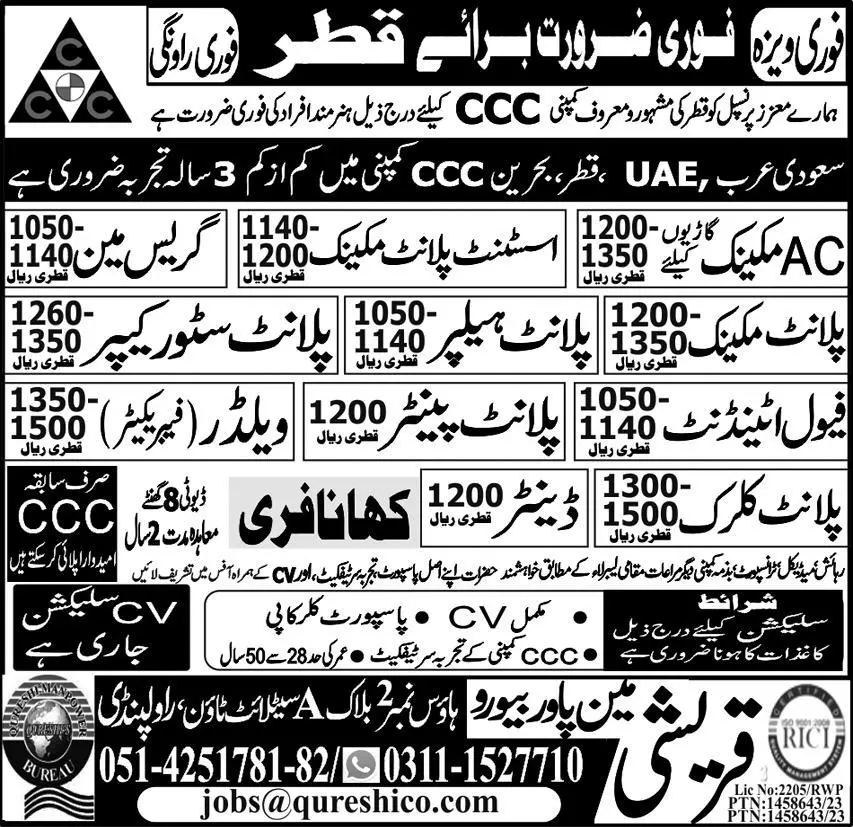 Technical Staff Jobs in Qatar 2023 – Qureshi Manpower Bureau Jobs 2023 — original advertisement