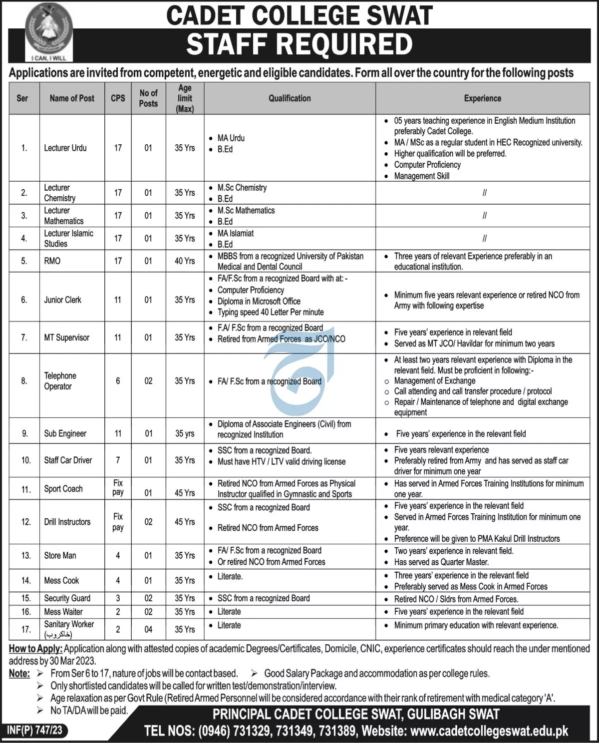 Cadet College Swat Jobs 2023 Jobs 2023 — original advertisement