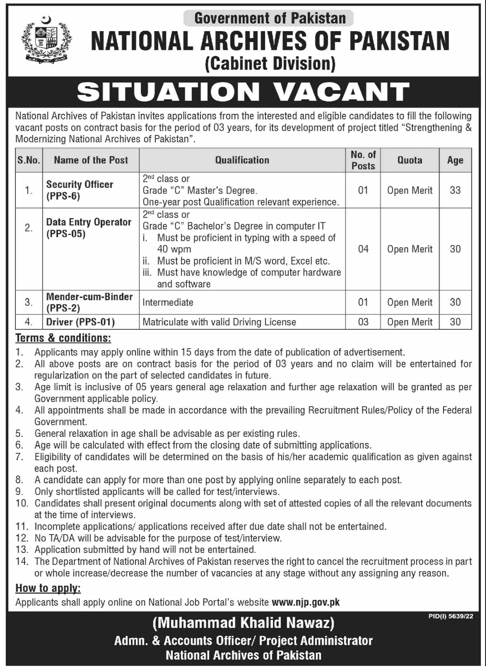 National Archives of Pakistan Jobs 2023 Jobs 2023 — original advertisement