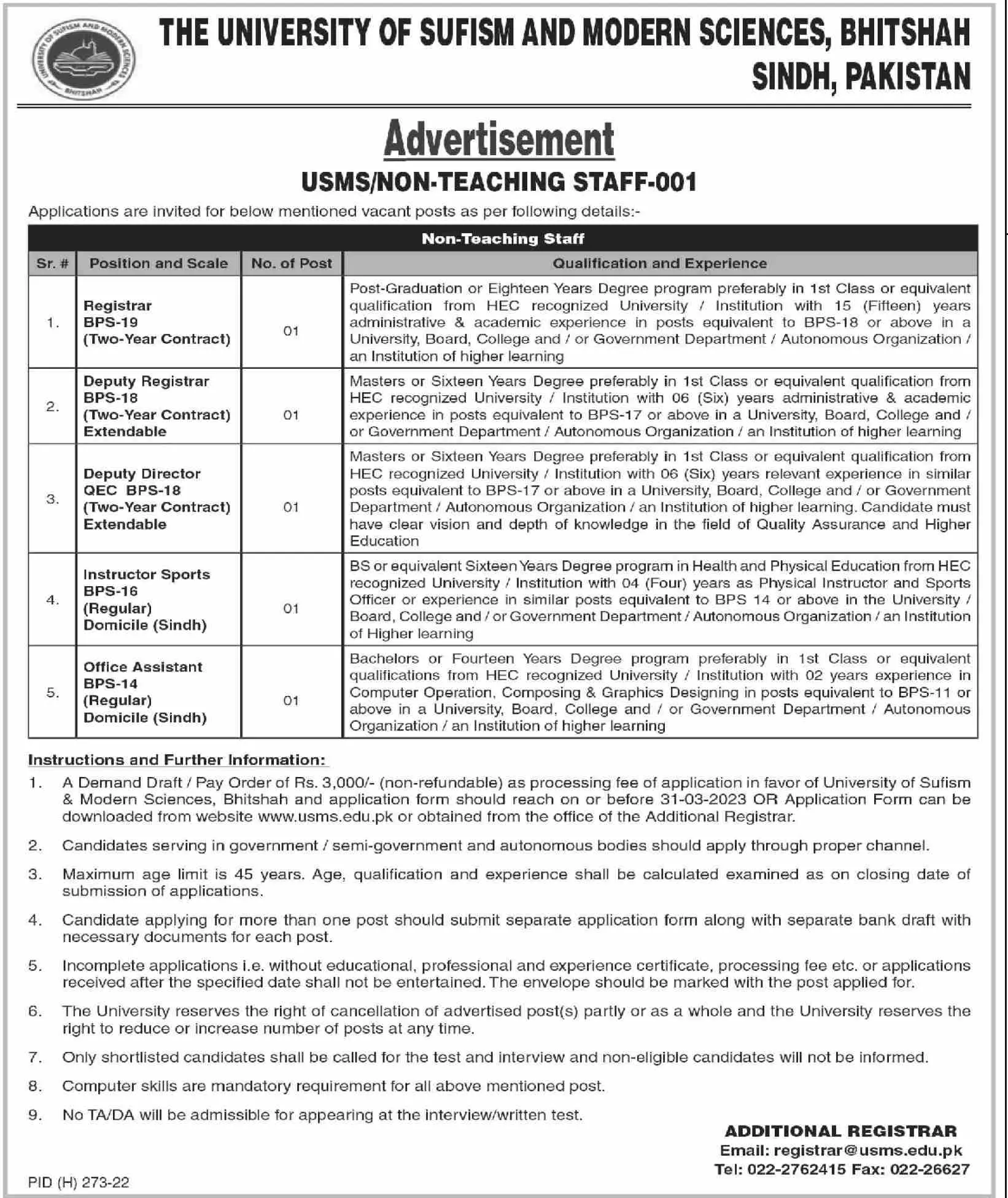 University of Sufism and Modern Sciences Jobs 2023 – University of Sufism and Modern Sciences Bhitshah Jobs 2023 — original advertisement