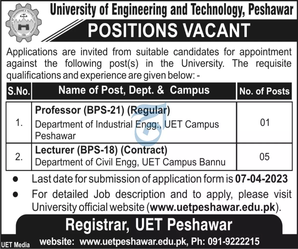 University of Engineering and Technology Peshawar Jobs 2023 Jobs 2023 — original advertisement