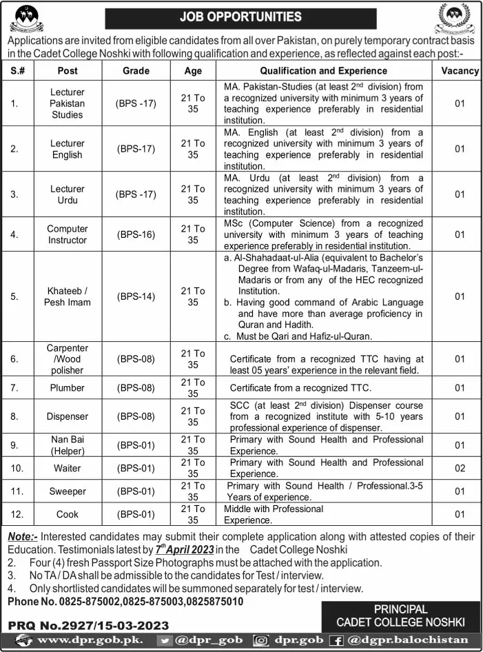 Cadet College Noshki Balochistan Jobs 2023 – Cadet College Noshki Balochsitan Jobs 2023 — original advertisement