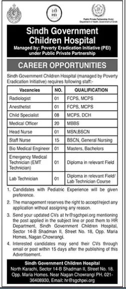 Sindh Government Children Hospital Jobs 2023 Jobs 2023 — original advertisement
