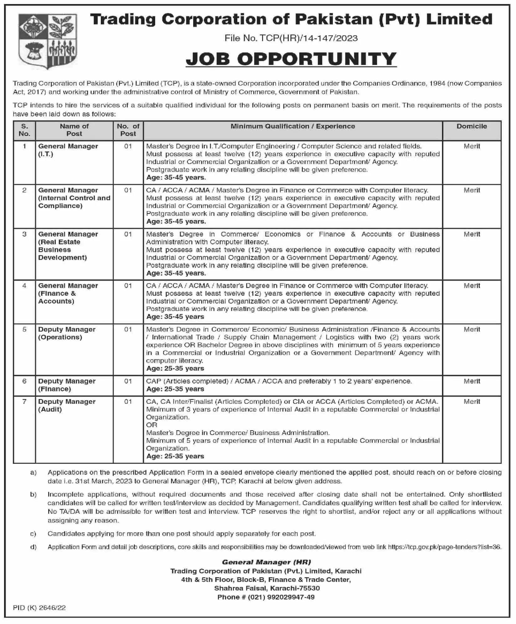 Trading Corporation of Pakistan Pvt Limited Jobs 2023 – Trading Corporation of Pakistan Private Limited Jobs 2023 — original advertisement