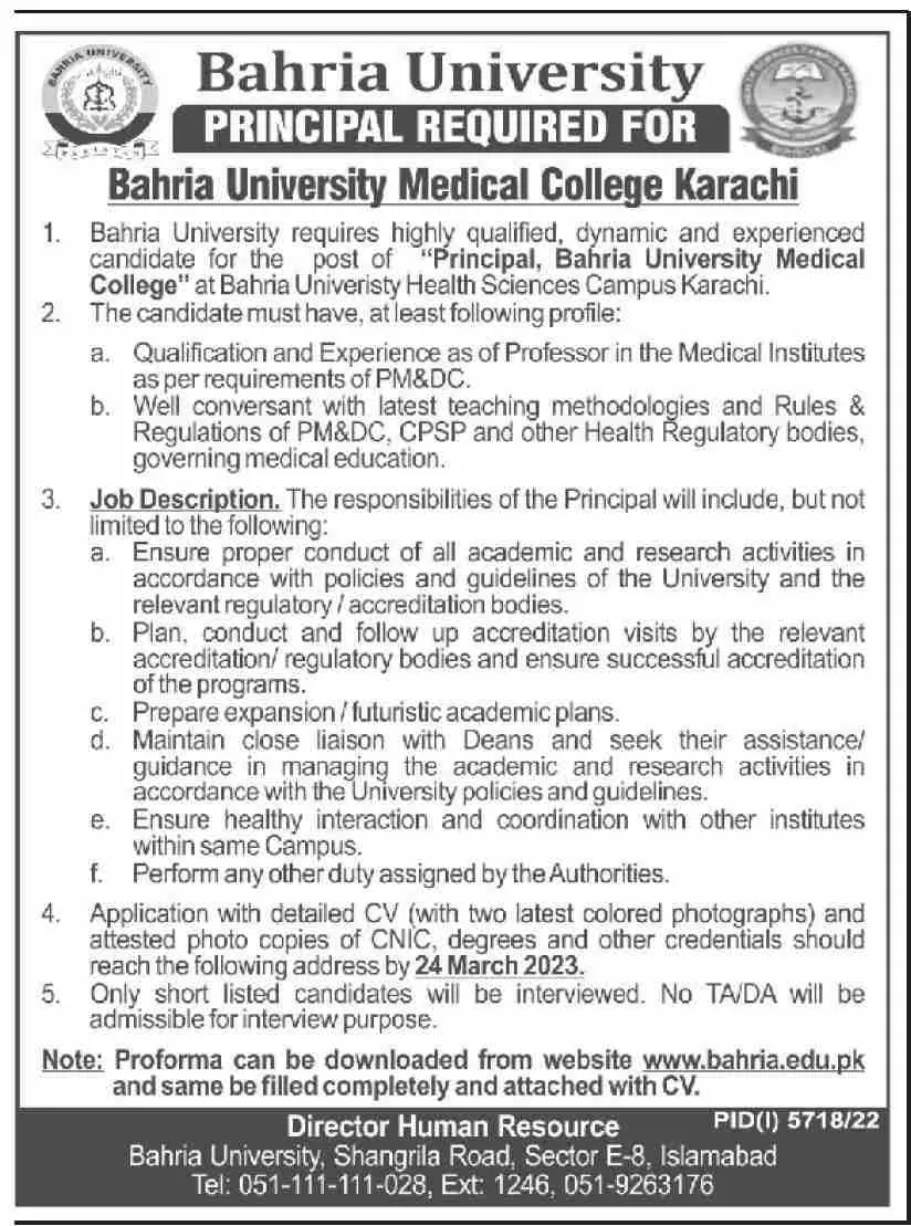 Bahria University Medical College Karachi Jobs 2023 Jobs 2023 — original advertisement